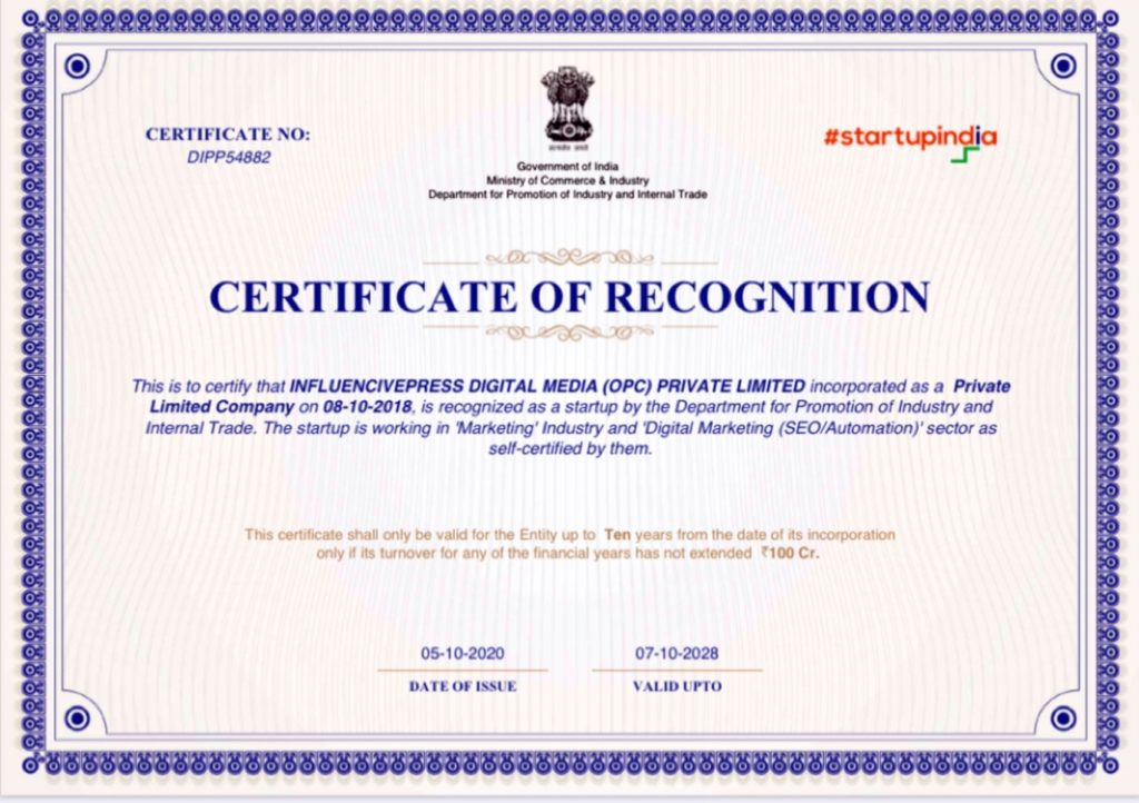 Self-Reliant India Movement- DPIIT RECOGNISION CERTIFICATE- Startup India